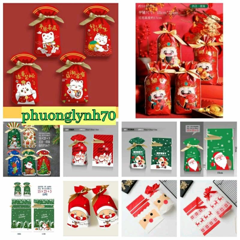 Túi Rút nơ  GIÁNG SINH ,MÈO TÀI LÔC-THẦN TÀI 15×23 cm đựng bánh kẹo ,sét 10 cái