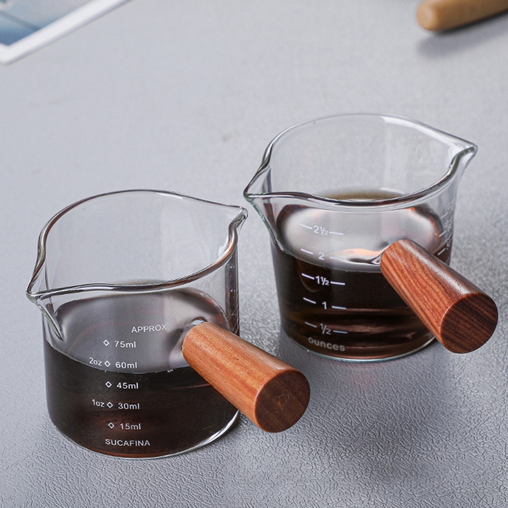 Cốc đong cà phê thuỷ tinh chuôi gỗ 2 miệng thể tích 75ml có vạch chia