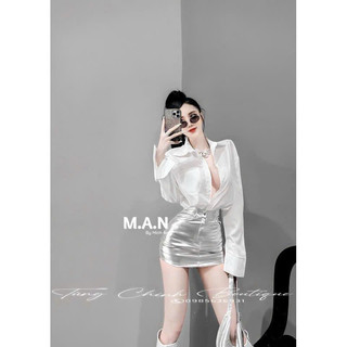Set áo sơ mi lụa chân váy da