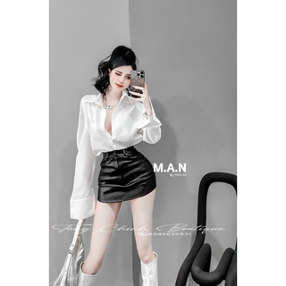Set áo sơ mi lụa chân váy da
