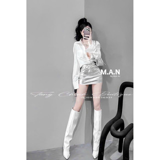 Set áo sơ mi lụa chân váy da