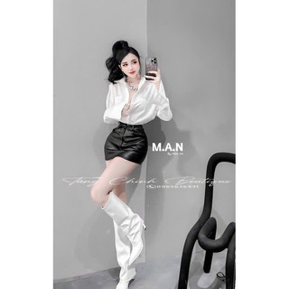 Set áo sơ mi lụa chân váy da