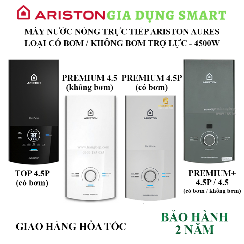 Máy nước nóng trực tiếp Ariston Aures (loại có bơm trợ lực và không có bơm) - Bảo hành 2 năm chính hãng