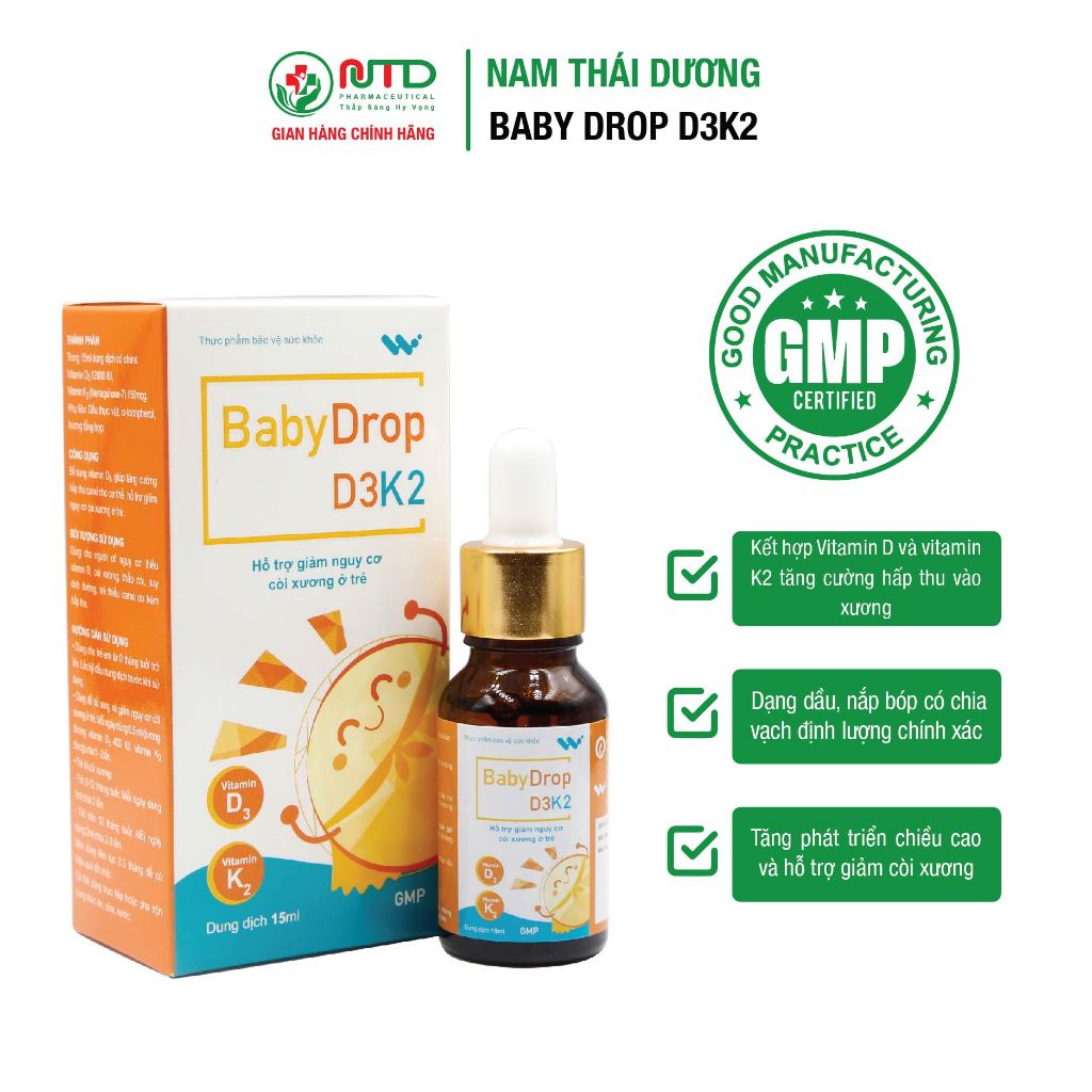 Vitamin D3K2 cho trẻ sơ sinh Bổ sung Canxi, D3 - K2 BABY DROP D3K2 - Tăng cường hấp thu Canxi giảm còi xương cho trẻ em