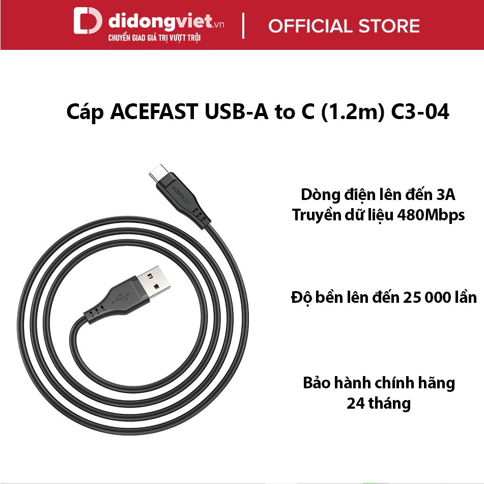 Cáp ACEFAST USB-A to Type C (1.2m) C3-04 Chính hãng - Chiều dài 1.2m, Dòng điện lên đến 3A, Độ bền cao, Bảo hành 2 năm
