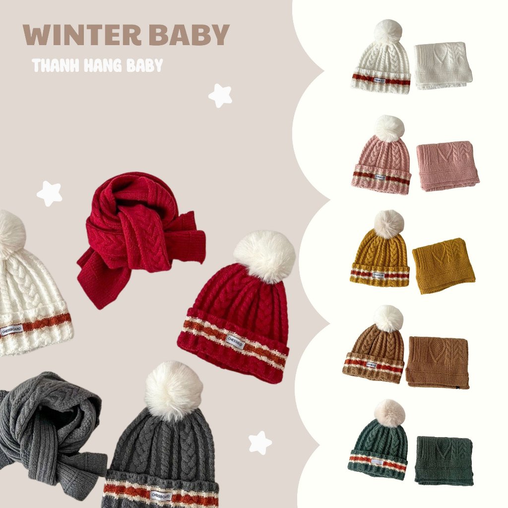 Set mũ len và khăn cho bé trai bé gái, set mũ khăn kẻ đỏ Thanh Hằng Baby từ 2 tuổi đến 6 tuổi