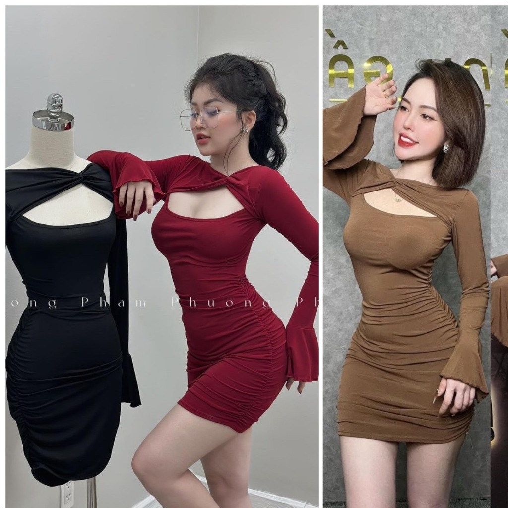 Đầm Body Xoắn Cổ Tay Dài Xoè Chất Thun mịn