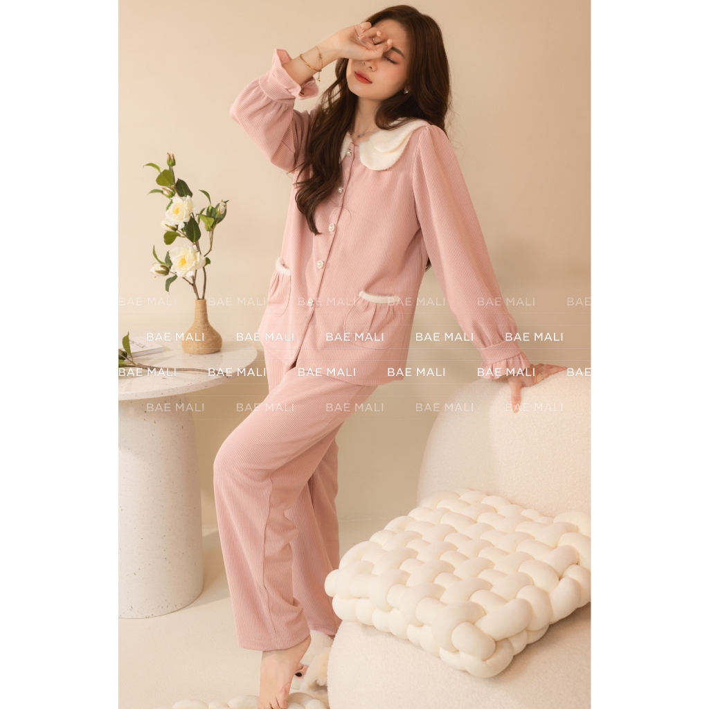 BAE MALI - Bộ mặc nhà len dệt pha cổ lông SP358