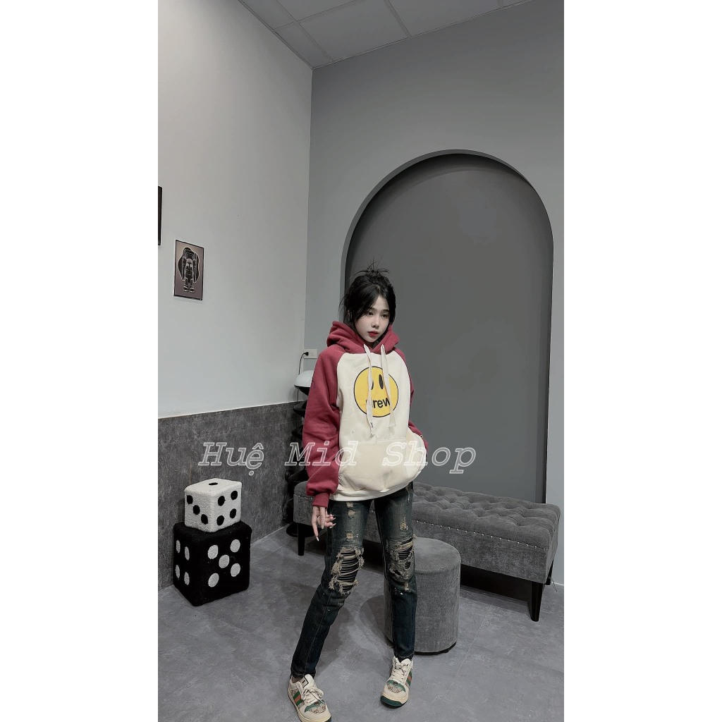 Áo Hoodie Nữ, Áo Hoodie Hình Mặt Cười DREW Phổi Tay 3 Màu Kèm Dây Mũ 2 Lớp Siêu Hot