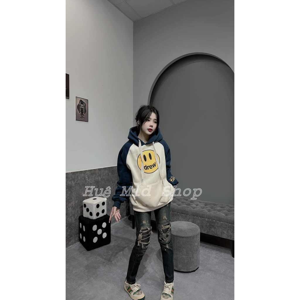 Áo Hoodie Nữ, Áo Hoodie Hình Mặt Cười DREW Phổi Tay 3 Màu Kèm Dây Mũ 2 Lớp Siêu Hot