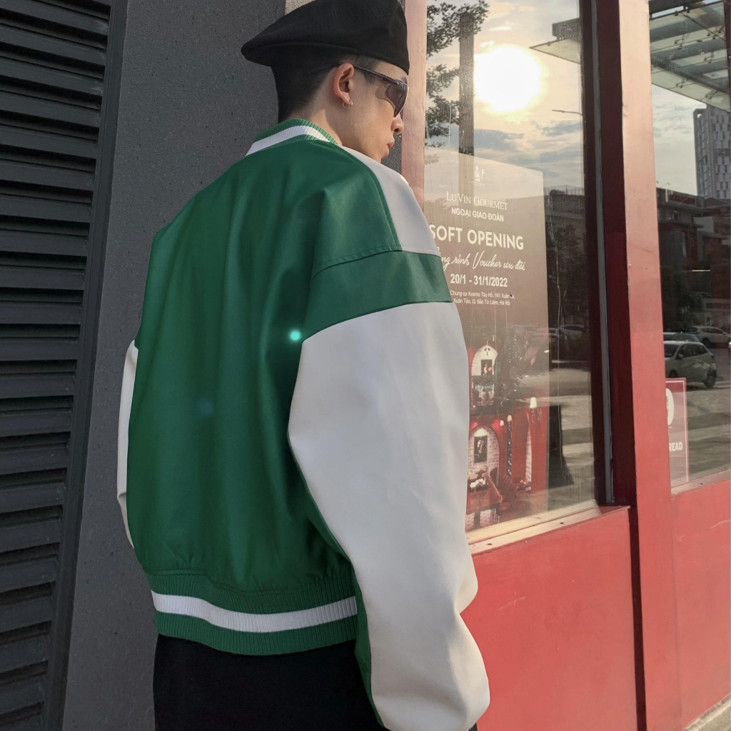 Áo khoác da dáng Crop GREEN Jacket STEVE, Áo khoác nam Màu xanh mix trắng chất liệu da PU cao cấp nhập khẩu