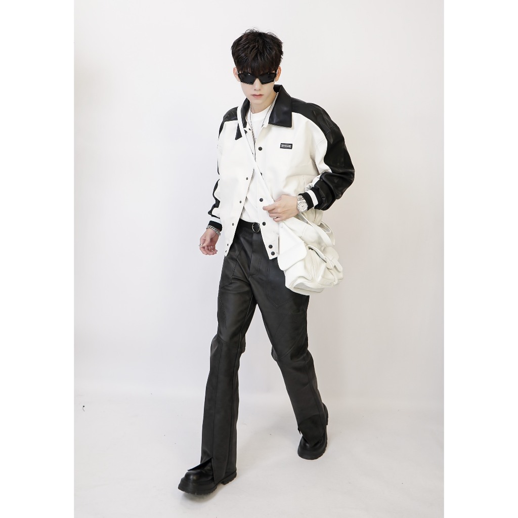 Áo khoác da BW dáng Crop form rộng Hàn Quốc, Áo khoác dài tay nam nữ unisex Local Brand STEVE, chất da PU nhập khẩu