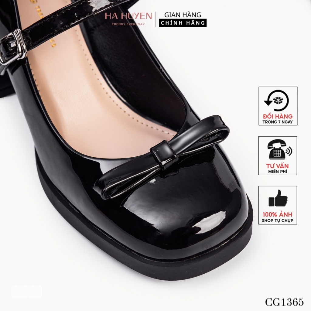 Giày cao gót nữ Hà Huyền Shoes da bóng quai ngang đính nơ nhí gót vuông 7 phân - CG1365