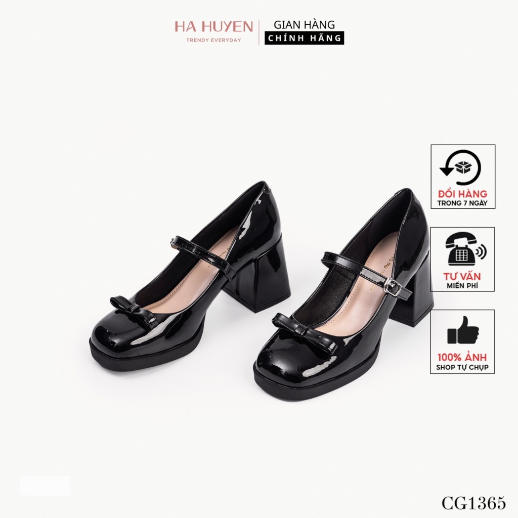 Giày cao gót nữ Hà Huyền Shoes da bóng quai ngang đính nơ nhí gót vuông 7 phân - CG1365