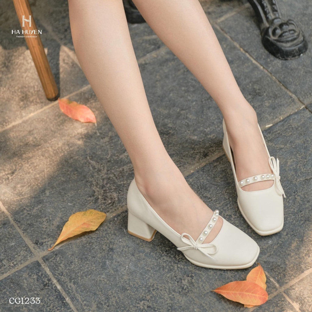 Giày cao gót mũi tròn Hà Huyền Shoes gót vuông 5 phân da lì đính nơ nhí - CG1233