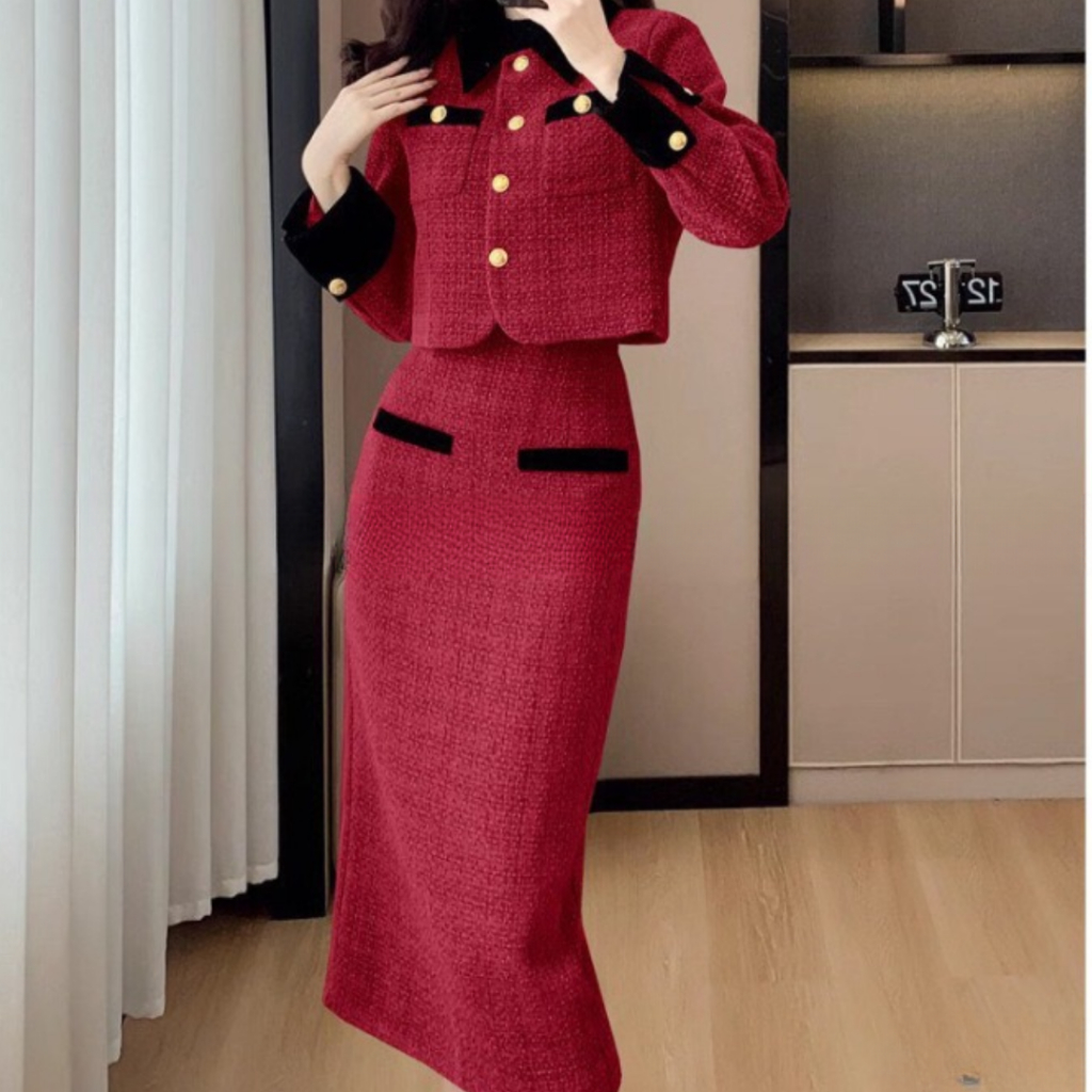 Sét dạ nữ DEMAY. áo dài tay mix chân váy ôm dáng dài