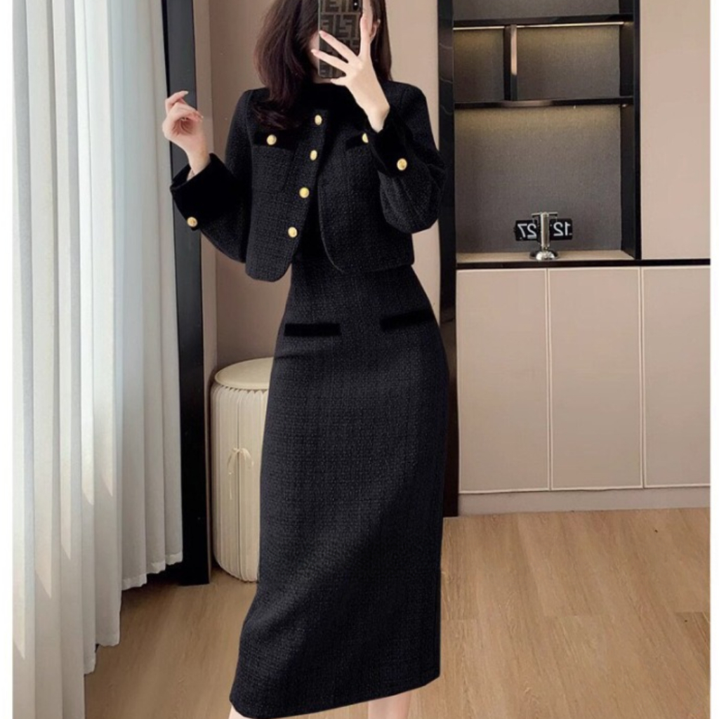 Sét dạ nữ DEMAY. áo dài tay mix chân váy ôm dáng dài