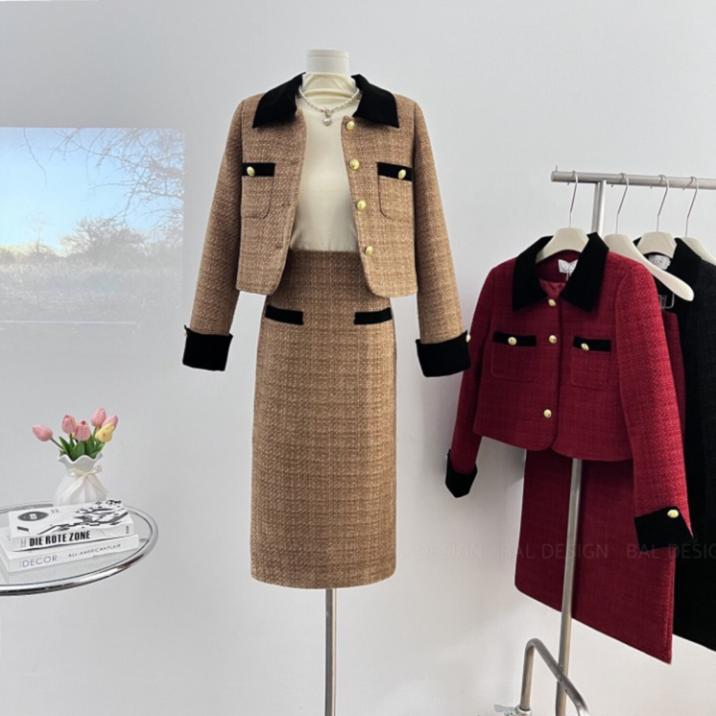 Sét dạ nữ DEMAY. áo dài tay mix chân váy ôm dáng dài