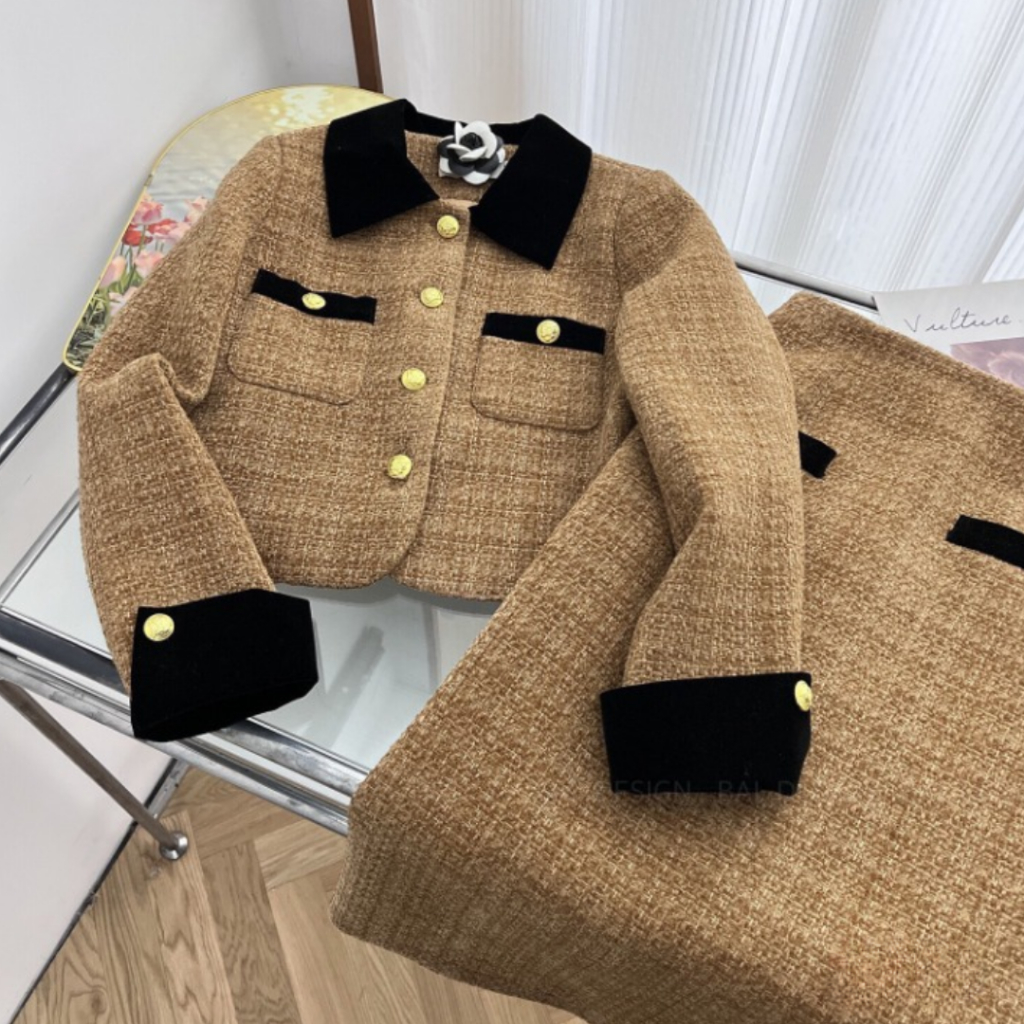 Sét dạ nữ DEMAY. áo dài tay mix chân váy ôm dáng dài