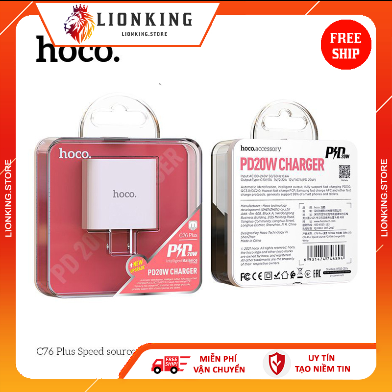 Củ Sạc Nhanh Hoco C76 Plus 20w đầu cắm Type-C sạc siêu nhanh Lionking Store