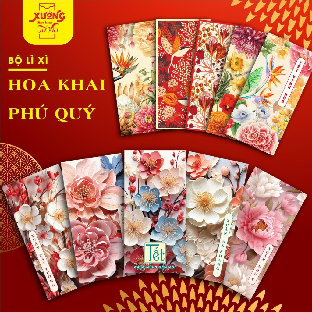 Combo 50 phong bao lì xì đỏ nhiều mẫu,lì xì truyền thống may mắn tài lộc Tết 2024_MC888