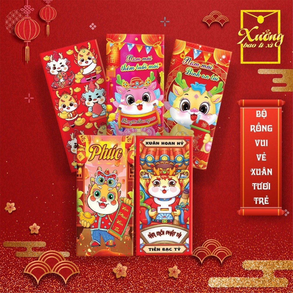 Combo 50 phong bao lì xì đỏ nhiều mẫu,lì xì truyền thống may mắn tài lộc Tết 2024_MC888