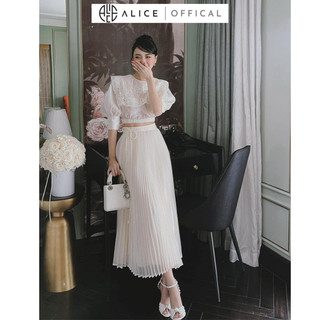 Set áo + chân váy xòe alice tay bồng kèm chân váy dập ly quạt thiết kế cổ thêu s417