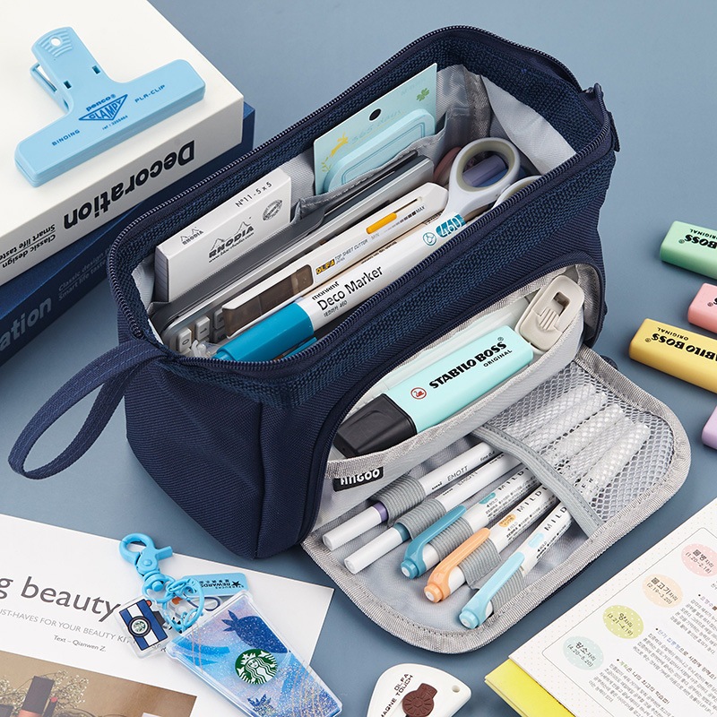 Hộp bút vải canvas Angoo túi bút double pen case bóp viết size đại ngăn đa năng 6 màu cho học sinh,sinh viên dễ thương