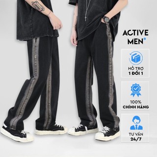Quần jean ống suông loang wash cạnh, quần jean baggy cạp cao màu đen phong cách hàn quốc