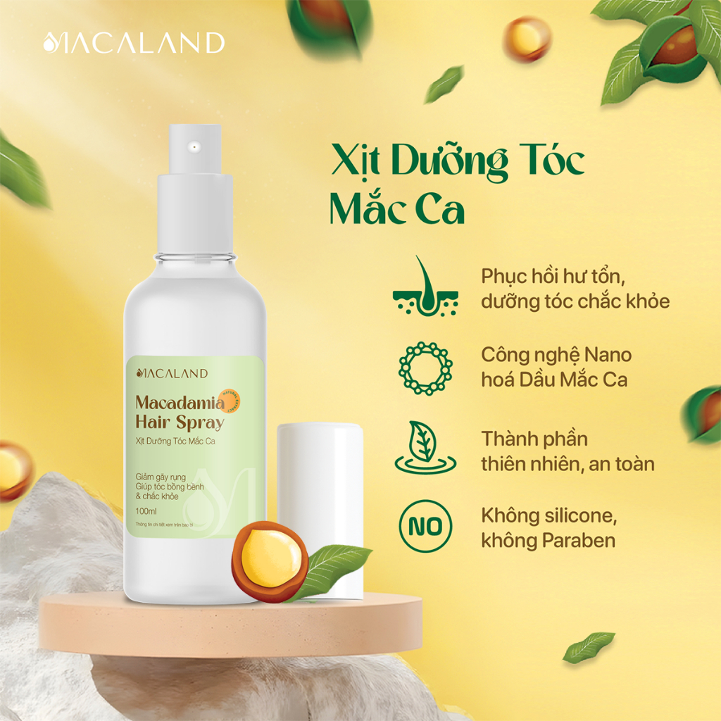 Xịt dưỡng tóc Nano Dầu Mắc Ca - Tinh Dầu Bưởi 100ml MACALAND giảm gãy rụng, hỗ trợ mọc tóc nhanh và dưỡng tóc chắc khỏe