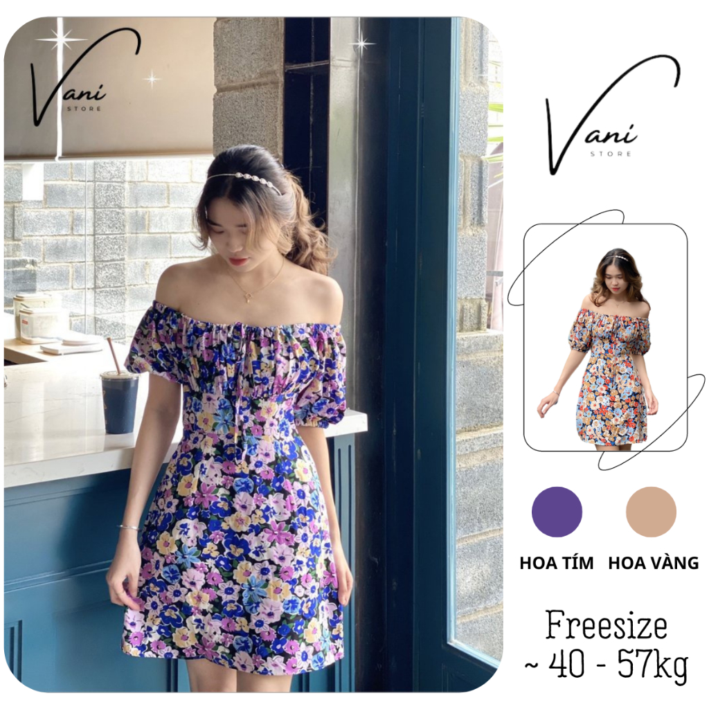 Đầm Hoa Có Tay Hai Màu Hoa Tím/Hoa Vàng - Váy Hoa Tay Bồng Phong Cách Nữ Tính, Điệu Đà Mặc Được Hai Kiểu (Xả Hàng)