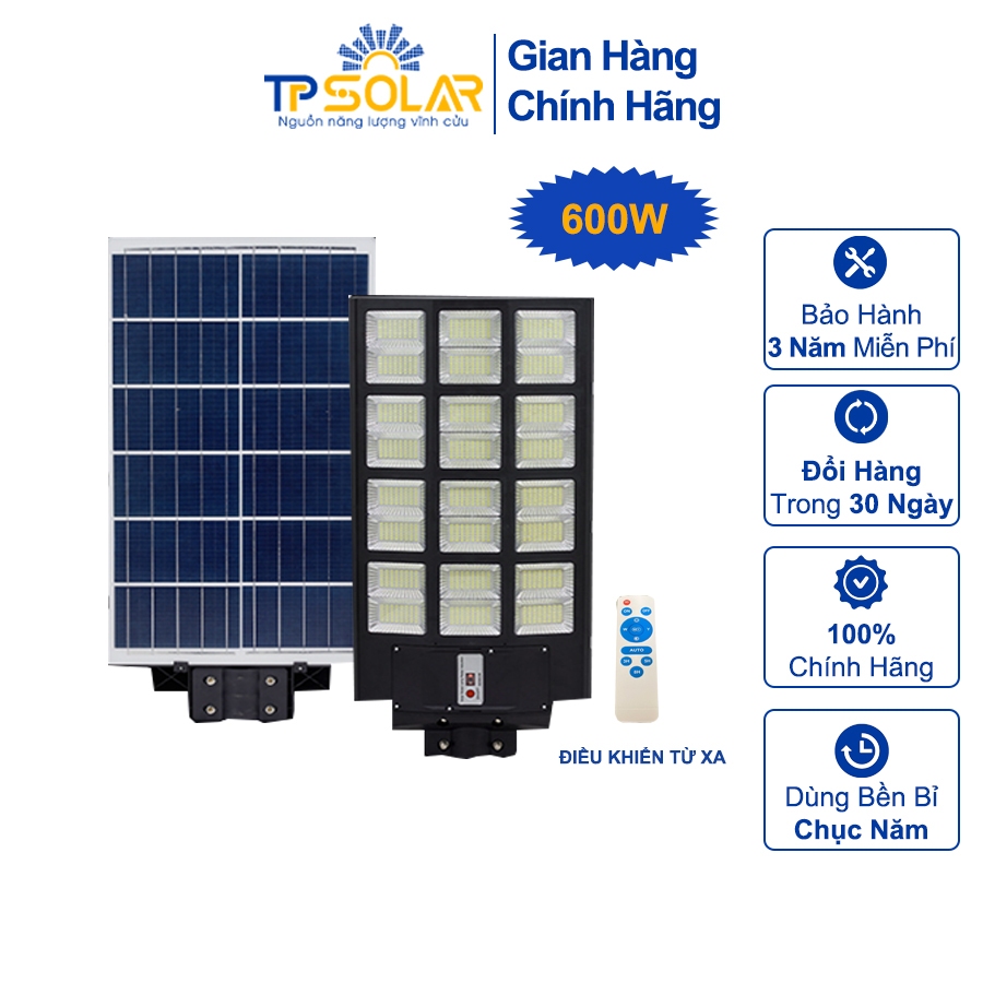 Đèn Đường Liền Thể 3 Mặt, Đèn Năng Lượng Mặt Trời Công Suất 600W TP Solar TP-D600N  Cảm Ứng Sáng Tối, Điều Khiển Từ Xa