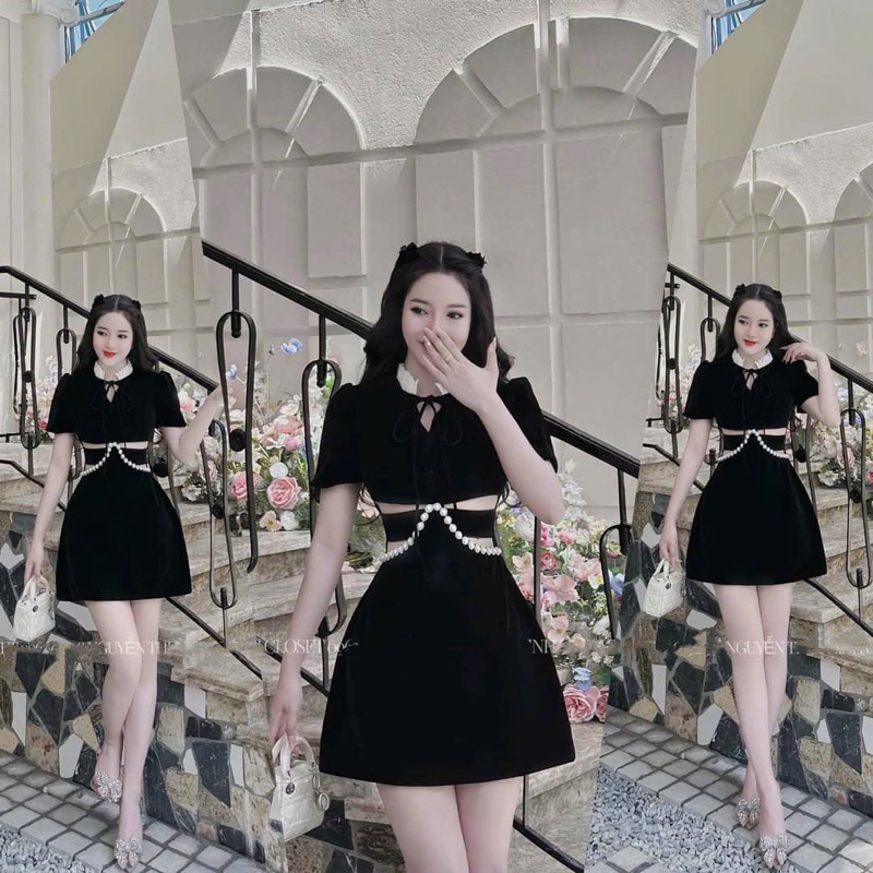 Đầm nhung đen phối cổ bèo Thanh Lịch , xưởng may na bùi, nb fashion