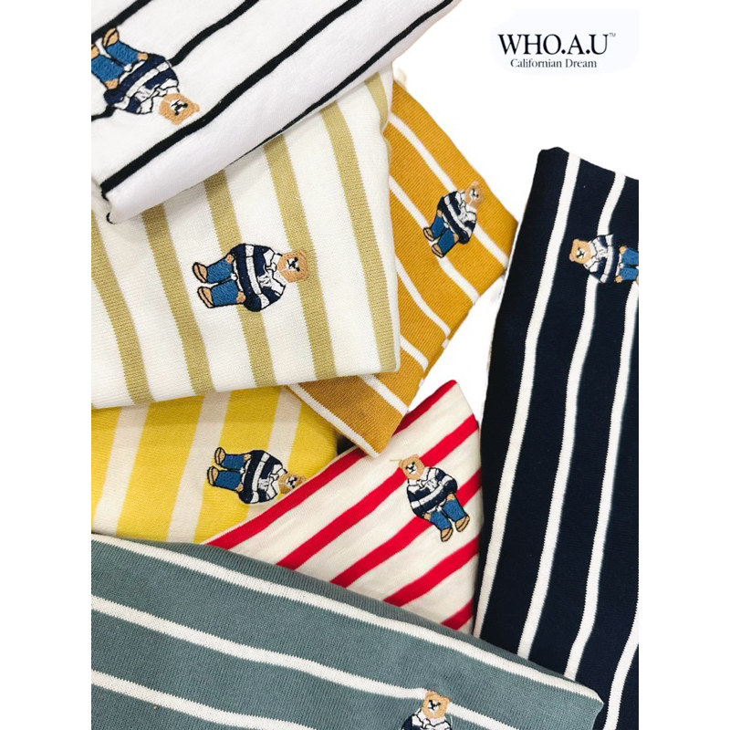 Áo Thun Form Lửng Sọc Tay Ngắn Whoau Hình Gấu Thêu Dễ Thương Chuẩn Xịn