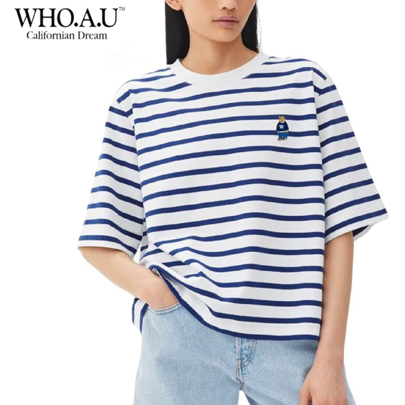 Áo Thun Form Lửng Sọc Tay Ngắn Whoau Hình Gấu Thêu Dễ Thương Chuẩn Xịn