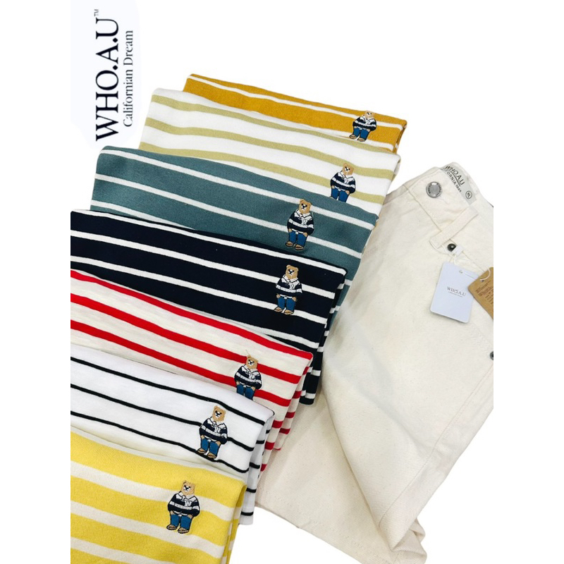 Áo Thun Form Lửng Sọc Tay Ngắn Whoau Hình Gấu Thêu Dễ Thương Chuẩn Xịn