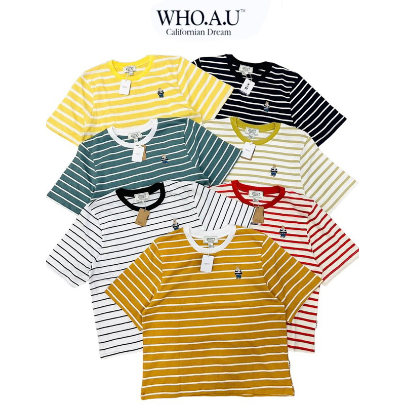 Áo Thun Form Lửng Sọc Tay Ngắn Whoau Hình Gấu Thêu Dễ Thương Chuẩn Xịn