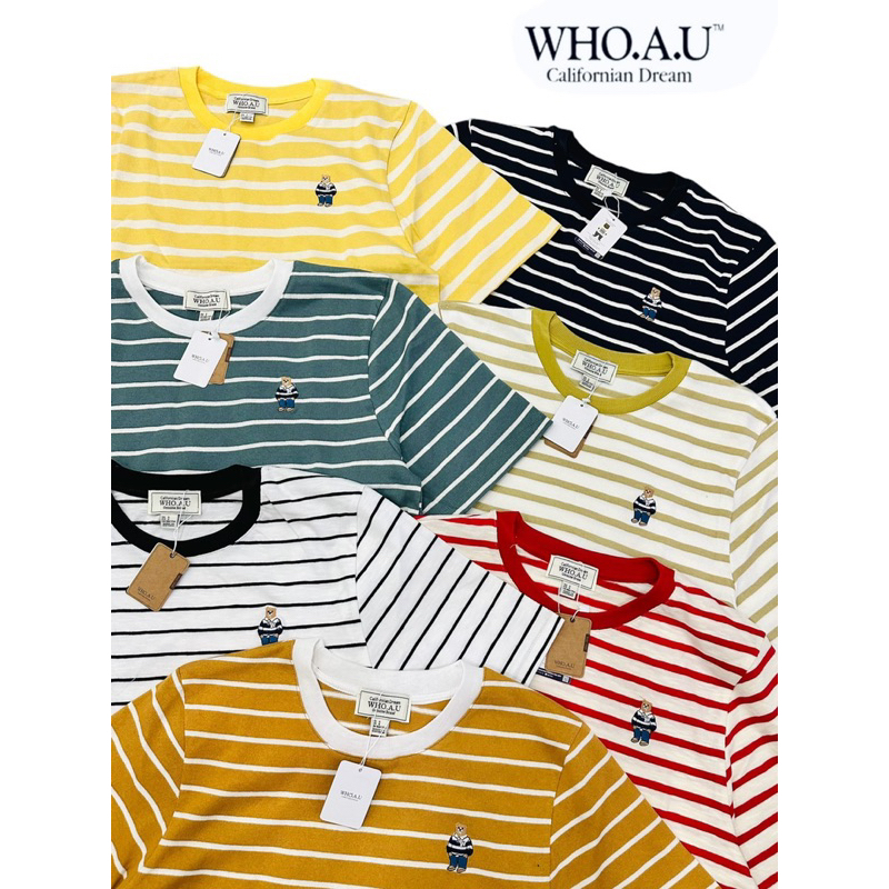 Áo Thun Form Lửng Sọc Tay Ngắn Whoau Hình Gấu Thêu Dễ Thương Chuẩn Xịn