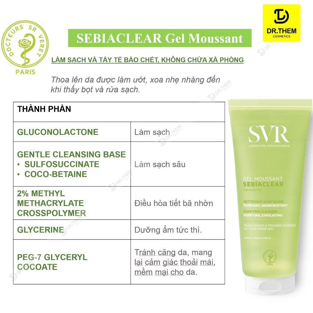 Sữa Rửa Mặt SVR Cho Da Dầu Mụn - SVR Sebiaclear Gel Moussant 55ml-200ml-400ml Loại Bỏ Tế Bào Da Chết SRM- Dr Thêm