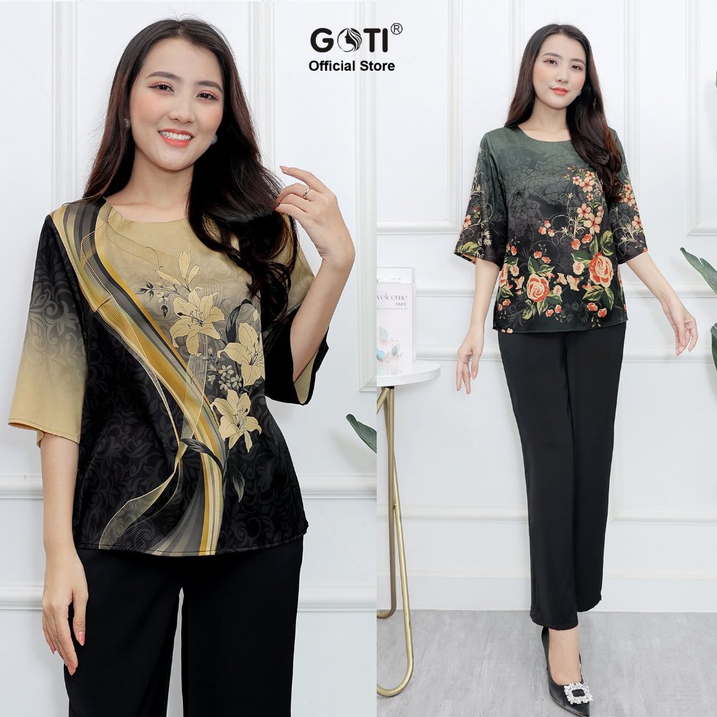 GOTI – Quà Tặng Mẹ Trung Niên - Set Bộ Vải Lụa Cao Cấp In Hoạ Tiết Hoa Ly Sang Trọng Nhiều Mẫu Bigsize 45-80kg 3396