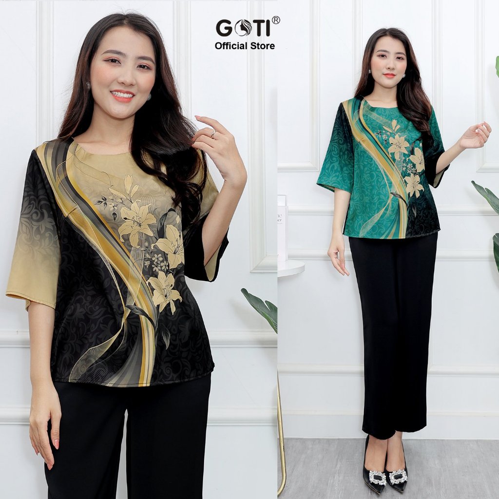 GOTI – Quà Tặng Mẹ Trung Niên - Set Bộ Vải Lụa Cao Cấp In Hoạ Tiết Hoa Ly Sang Trọng Nhiều Mẫu Bigsize 45-80kg 3396