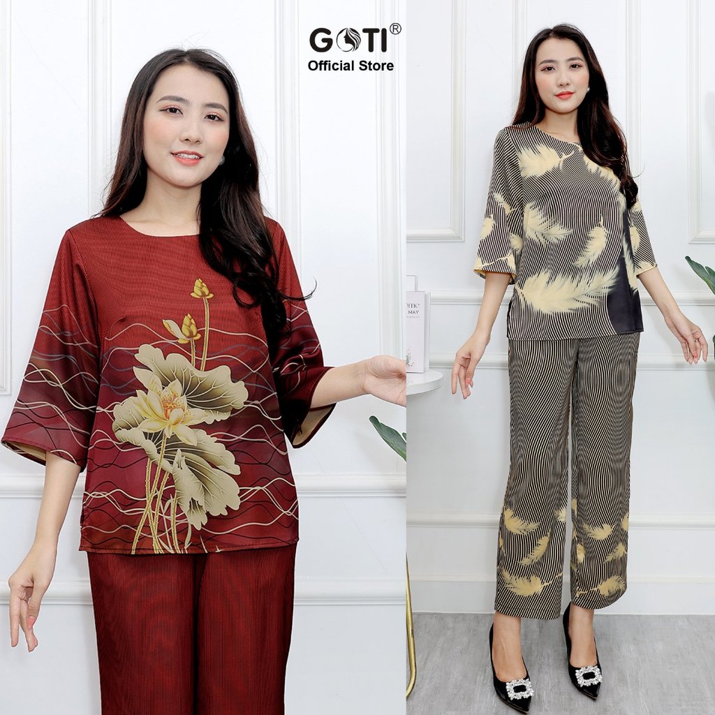 GOTI – Quà Tặng Mẹ Trung Niên - Set Bộ Vải Lụa Cao Cấp In Hoạ Tiết Hoa Ly Sang Trọng Nhiều Mẫu Bigsize 45-80kg 3396