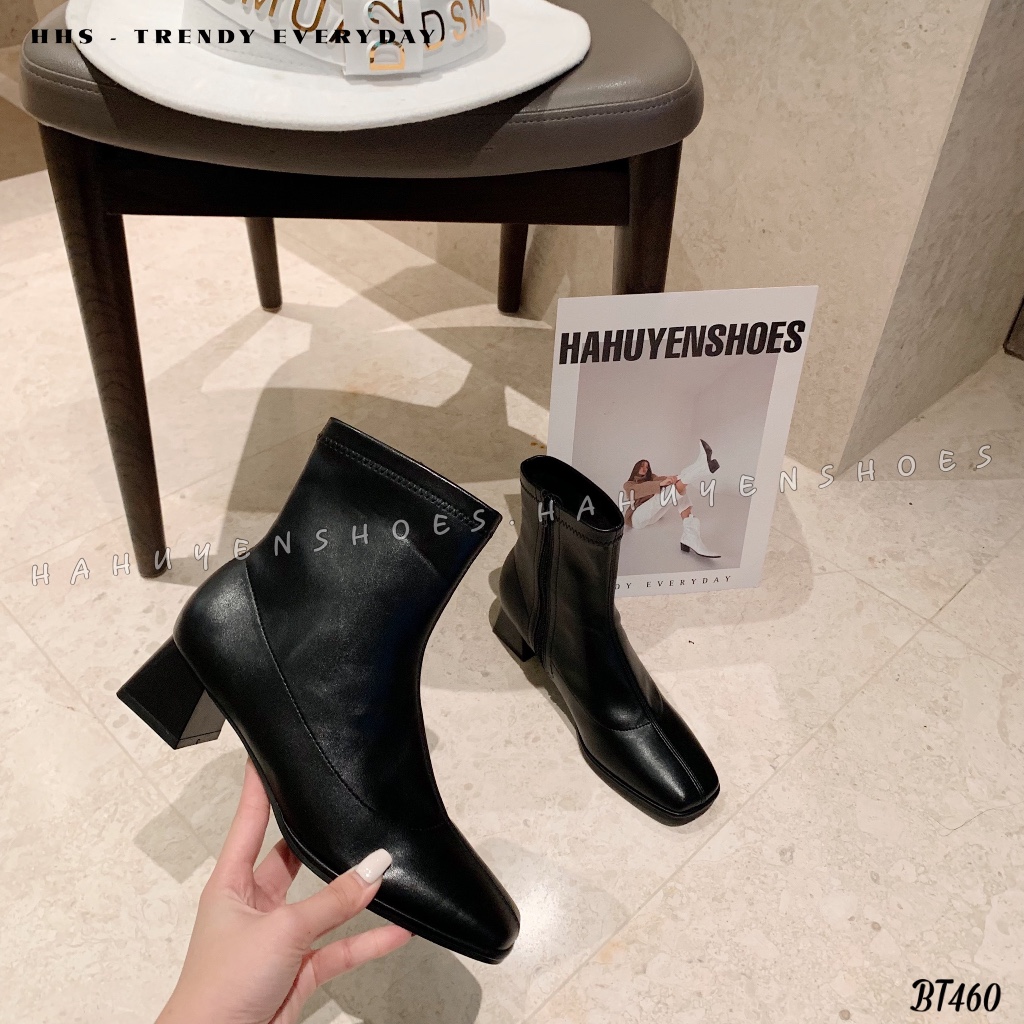 Giày boot nữ Hà Huyền Shoes bốt da mũi tròn gót vuông 5 phân trẻ trung - BT460