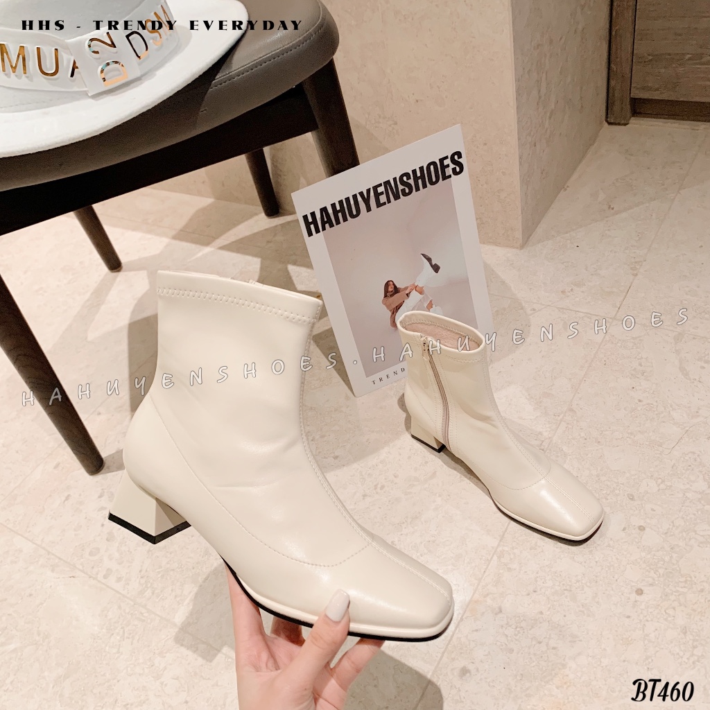 Giày boot nữ Hà Huyền Shoes bốt da mũi tròn gót vuông 5 phân trẻ trung - BT460