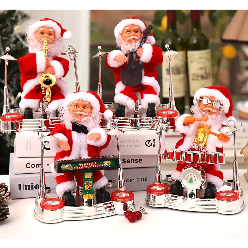 Đồ chơi ông già noel đánh trống thổi kèn đánh đàn chơi guita chui ống khói tặng pin