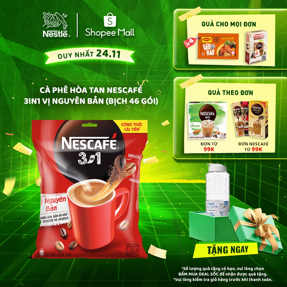 [TẶNG BÌNH JUG 1L] Cà phê hoà tan NESCAFÉ® 3IN1 VỊ NGUYÊN BẢN - công thức cải tiến (bịch 46 gói x 16g)