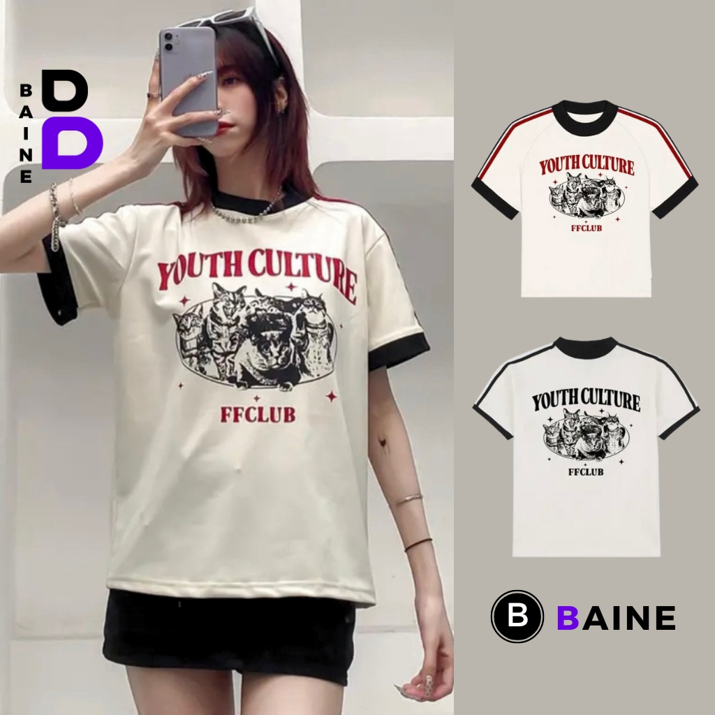 Áo Thun BABY TEE MÈO YOUTH Tay Ngắn Cổ Tròn Viền Dáng Dài Chất Thun Borip Kiểu Basic Nữ, Áo Thun Ôm Body Đẹp BAINE
