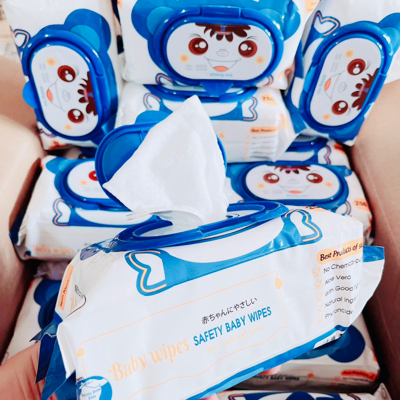 Thùng 10 gói khăn ướt gấu Xanh baby wipes 120 tờ Không mùi siêu to