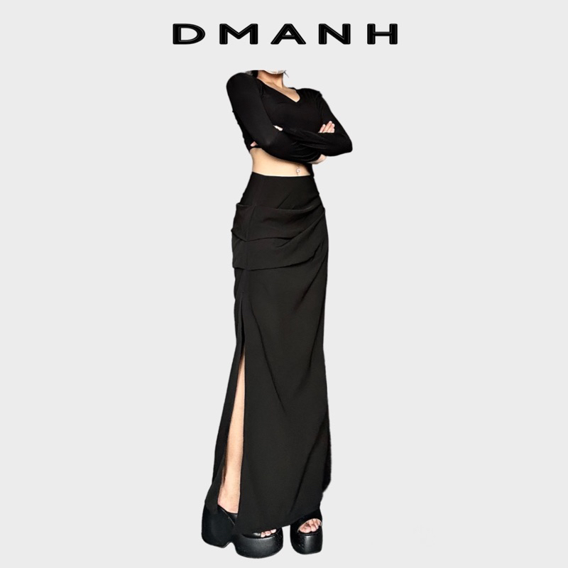 𝐃𝐦𝐚𝐧𝐡 - V6 Chân váy xẻ tà dích dắc chất kaki lụa mềm mỏng mát siêu dài 100cm màu xám đậm
