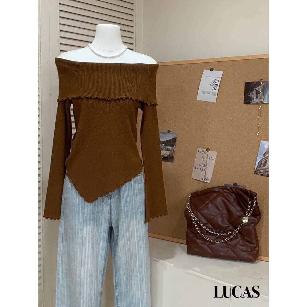 Áo len trễ vai ngang tay dài vạt chéo viền lượn